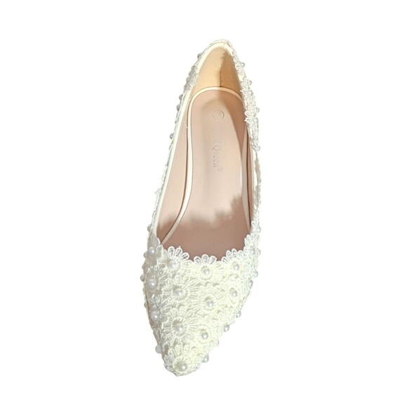 Crystal Queen Lace Daisy‎ & Pearl White Womens Heel Bridal Shoes Elegant 6.5 - Picture 8 of 14